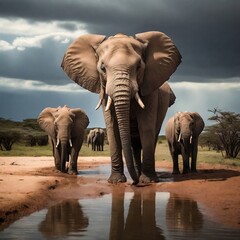 Fototapeta na wymiar view of African elephants gathered around a water source. decorative design for banner, poster, social media, web. generative ai