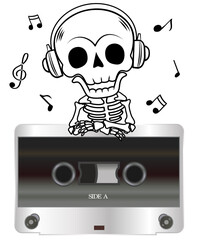 Cute ghost Halloween skull put on music headphones, singing smiling greetings leaning on vintage style tape. Let's celebrate a fun night on Halloween night.