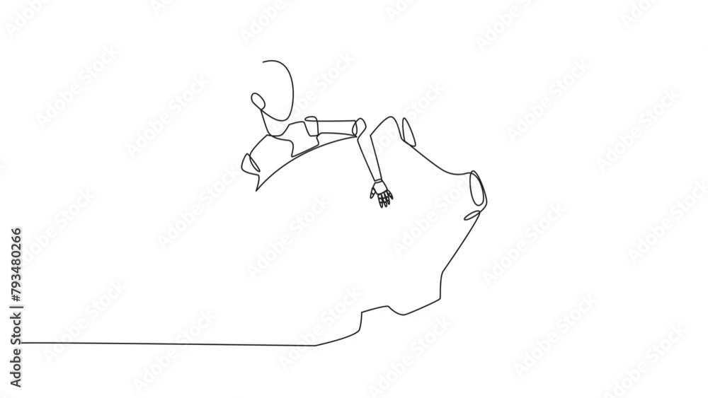 Poster animation of single continuous line drawing robot hugging piggy bank. securing future piggy banks fr