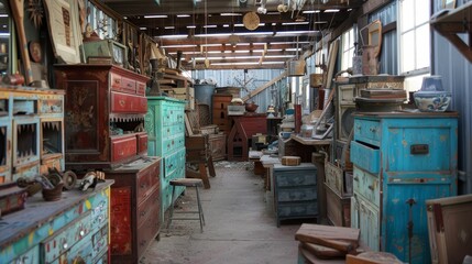 A large room filled with old furniture and junk.