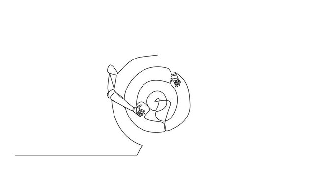 Animation of single one line drawing robot hugging arrow board target. Sharpen the robot's artificial intelligence to be able to focus on capturing moving objects. Full length motion