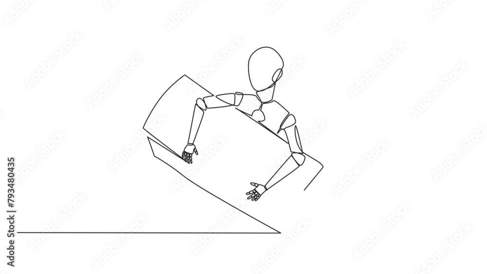 Poster animated self drawing of single one line drawing robotic hugging pile of banknotes. automatic scanni
