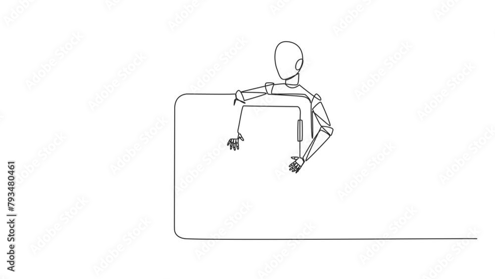 Poster animation of single line drawing robotic hugging safe deposit box. adding a layer to make it more se