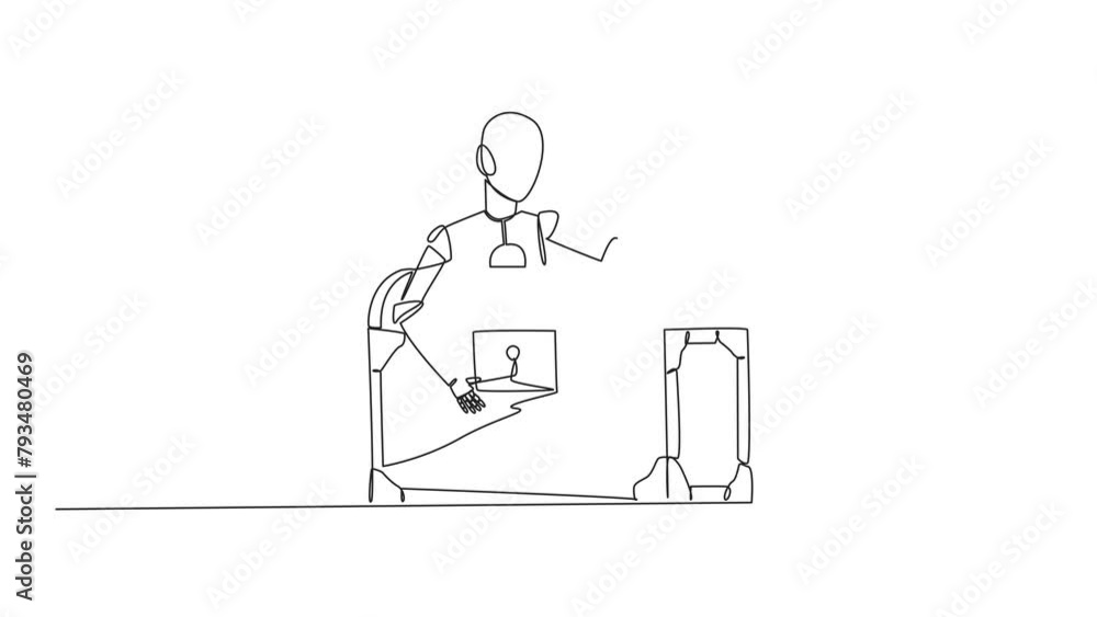 Poster self drawing animation of continuous line drawing robotic hugging treasure chest. scans were carried