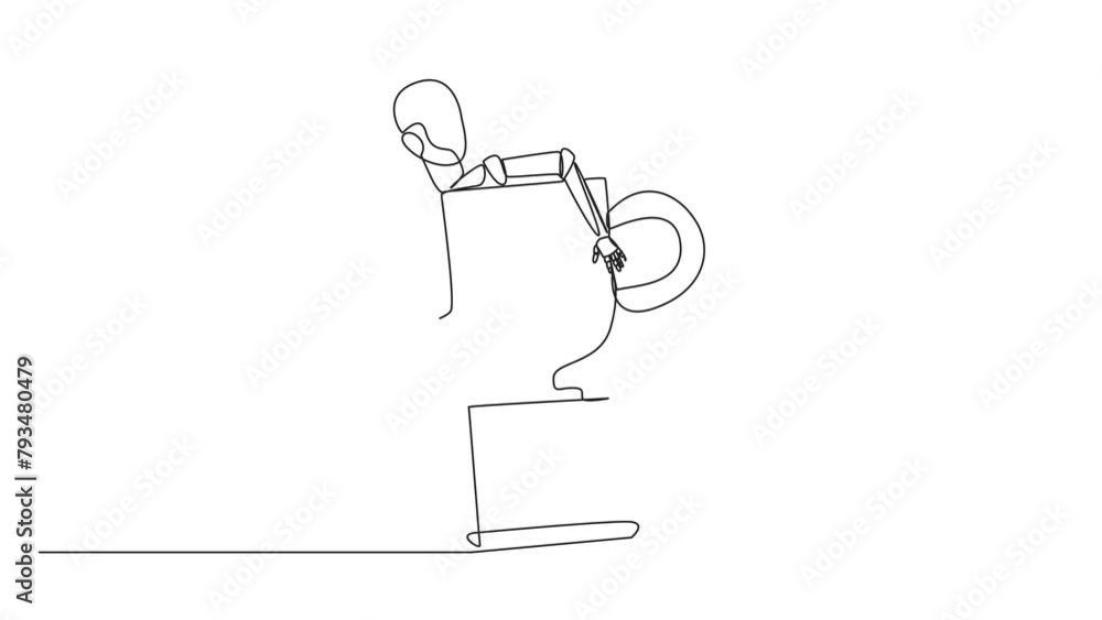 Poster animation of single one line drawing robotic hugging trophy. the winner of soft engineering is an in