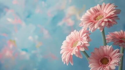 Close up of pink Gerbera daisies against a beautiful blue oil painting backdrop Spring themed...
