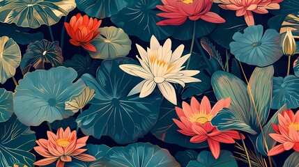 vintage water lily plants pattern illustration poster background