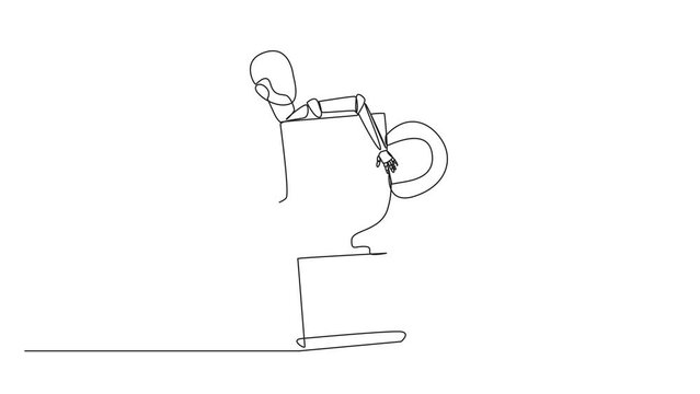 Animation of single one line drawing robotic hugging trophy. The winner of soft engineering is an intelligent robot. Technology artificial intelligence. Future tech. Full length motion