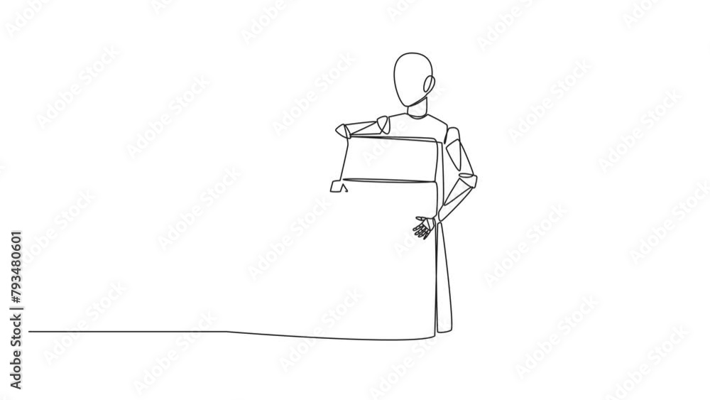 Poster animated self drawing of continuous one line drawing robot hugging desk calendar. the launch date of