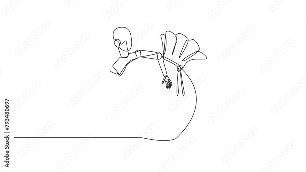 Aufkleber animation of single one line drawing robot hugging a money bag. the smarter the robot, the more mone
