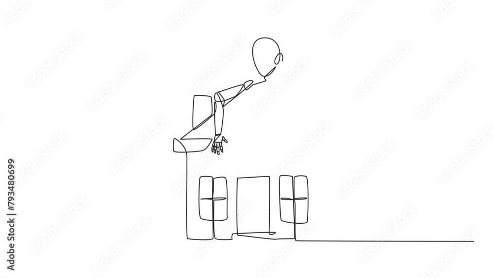 Poster self drawing animation of single continuous line drawing robot hugging miniature house. his artifici