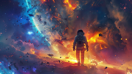 Astronaut Exploring a Vibrant Galactic Landscape - obrazy, fototapety, plakaty