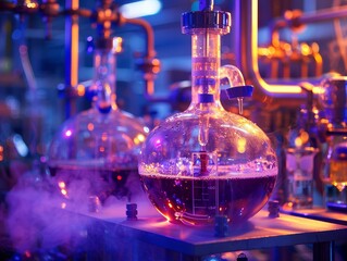 A round bottom flask with a purple liquid inside. It is sitting on a hot plate and there is a condenser attached to the top. There are other pieces of glassware in the background.