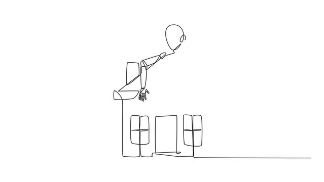 Self drawing animation of single continuous line drawing robot hugging miniature house. His artificial intelligence quickly builds miniature houses. Future technology development. Full length animated