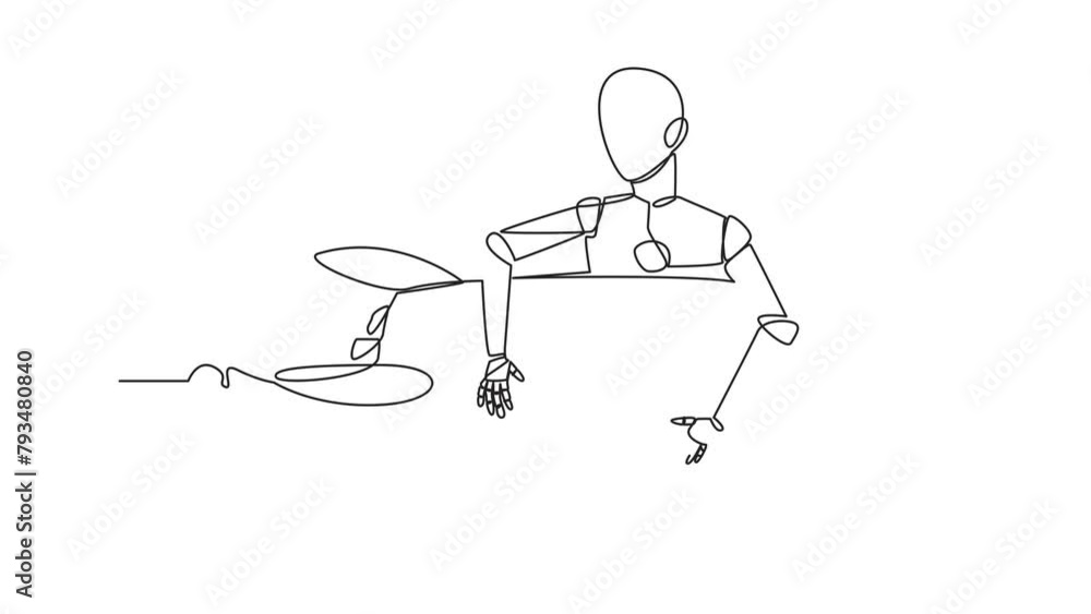 Poster animated self drawing of one line drawing robot hugging a flying rocket. his ability is set up to be