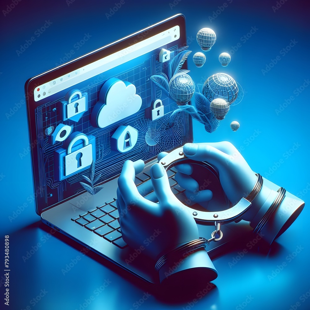 Poster cyber security concept. hand with handcuffs and padlock on laptop. 3d rendering generated by ai