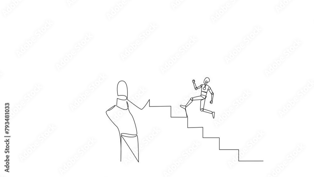 Poster self drawing animation of single continuous line drawing robot climbs ladder, one of the steps in th