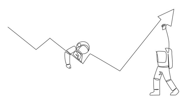 Animated self drawing of single one line drawing two astronauts holding a large arrow chart. With their teamwork they hope that the graph will always be in rising. Full length single line animation