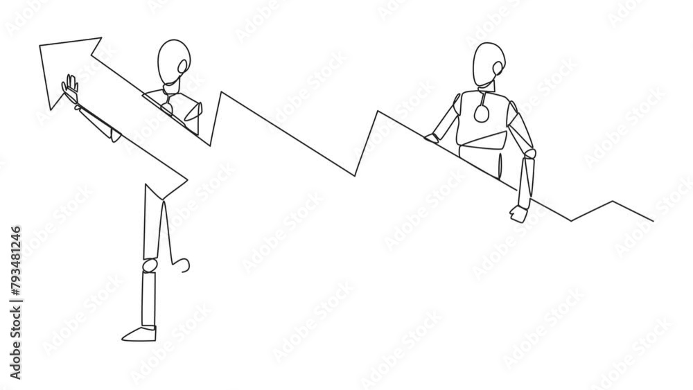 Poster self drawing animation of single continuous line drawing two robots holding a medium-sized arrow gra