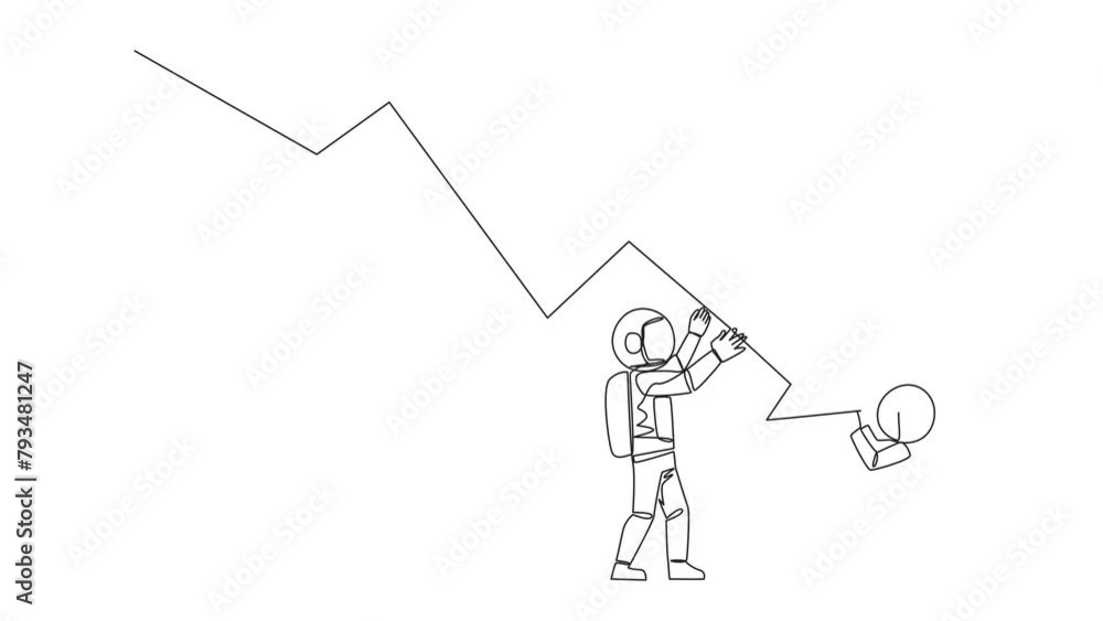 Poster animated self drawing of continuous one line drawing two astronauts holding large arrow charts swoop