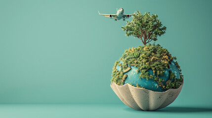 Airplane Flying Over Earth with Lush Greenery Concept