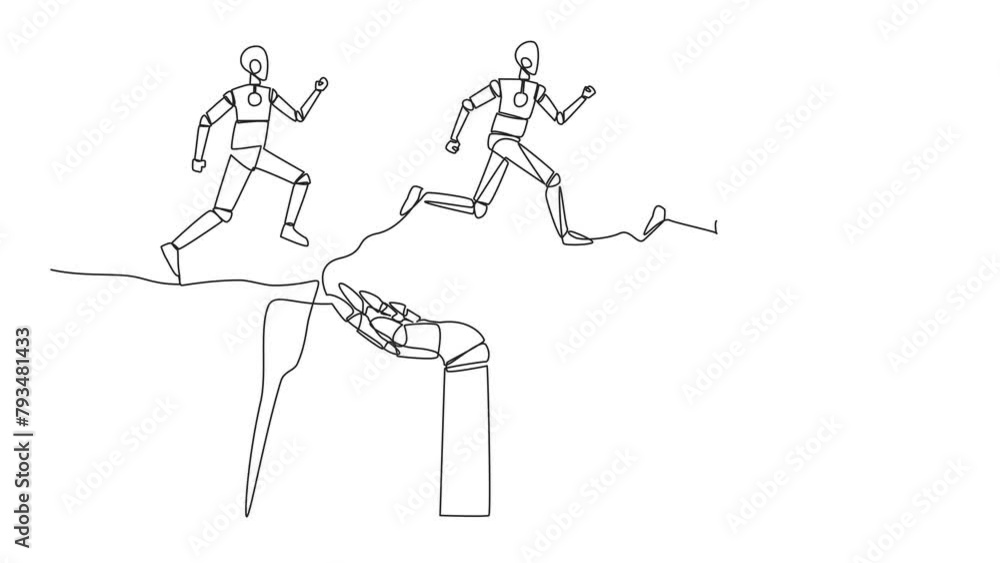 Poster animation of single continuous line drawing three robots running through a cliff that has hole in mi