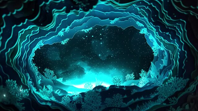 bioluminescent cave paper cut template with eerie. seamless looping overlay 4k virtual video animation background