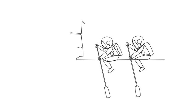 Animated self drawing of single continuous line drawing 3 astronauts ride arrows. Teamwork with two of them rowing, the rest standing up using binoculars. Full length single line animation
