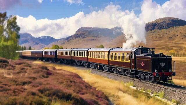 Against the backdrop of Scotland's magnificent mountains, a retro steam locomotive powerfully runs through the vast wilderness. The dramatic light at dusk creates a nostalgic atmosphere. 