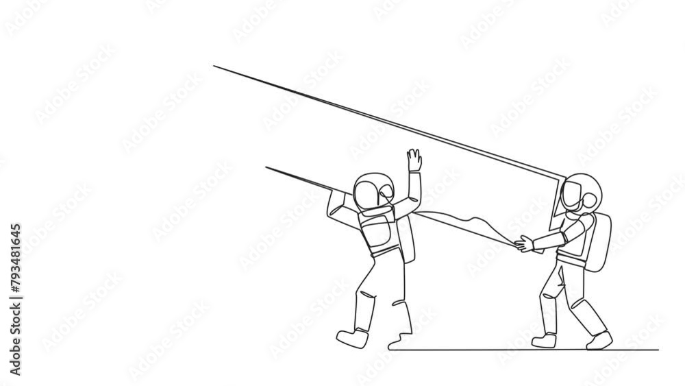 Poster self drawing animation single one line drawing three astronauts raised the big arrow together. with 