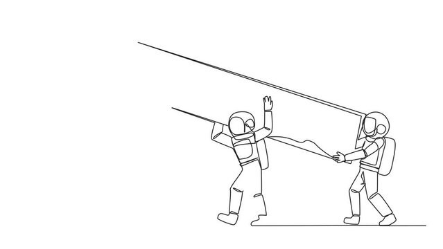 Self drawing animation single one line drawing three astronauts raised the big arrow together. With teamwork making graphics can improve.  Deep space astronaut concept. Cosmonaut. Full length animated