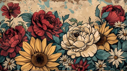 vintage rustic cottage garden flowers pattern illustration poster background - obrazy, fototapety, plakaty