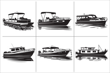 Pontoon boat black and white vector Illustration  of a white background.