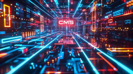 Fototapeta na wymiar Futuristic CMS Text in Cyber Circuit Board City Concept