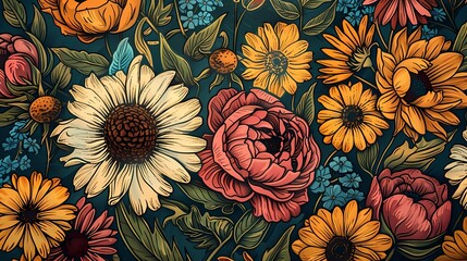 Fototapeta na wymiar vintage rustic cottage garden flowers pattern illustration poster background