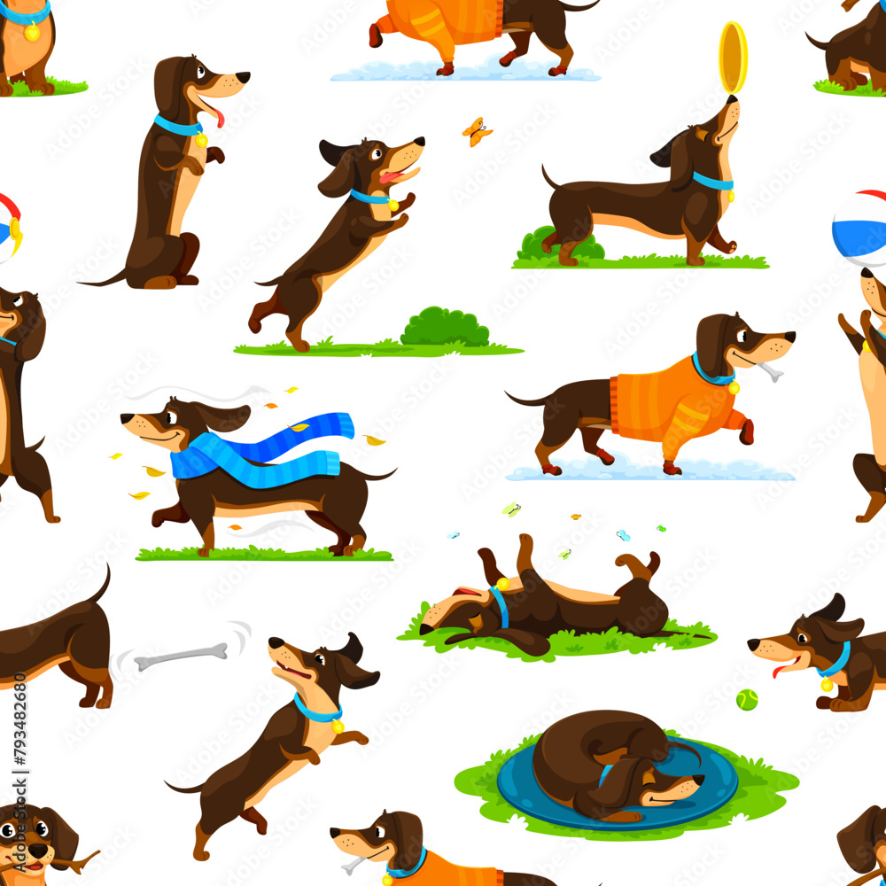 Poster cartoon dachshund dog puppy characters seamless pattern. vector tile background with adorable long-b