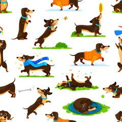 Cartoon dachshund dog puppy characters seamless pattern. Vector tile background with adorable long-bodied pups with expressive eyes and wagging tails engage in daily activities, fun and leisure