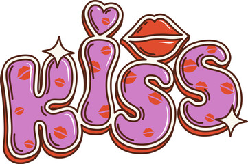 Groovy cartoon retro hippie kiss sign letters with lips for Valentine or wedding, vector love icon. 70s hippie art, groovy cartoon funky comic kiss lettering in pink with love kiss ans shine sparkles