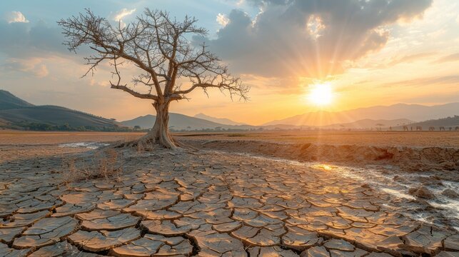 Parched earth and skeletal trees evoke the devastating impact of climate change on Africa's water-stressed landscapes.