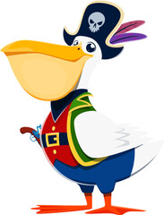 Cartoon pelican animal bird pirate sailor character, corsair seaman. Isolated vector feathered buccaneer personage donning tricorn and gun, searching for treasures and adventures on the high seas