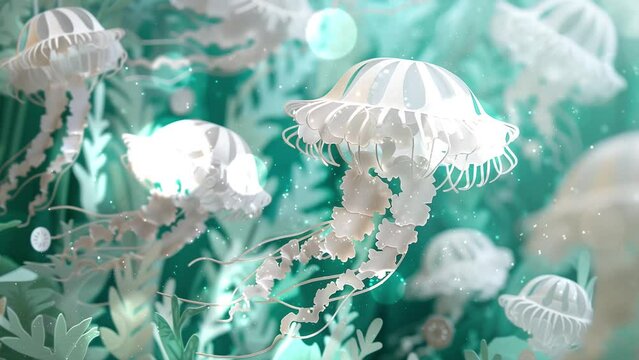 marine life illustration. jellyfish garden paper cut template with translucent. seamless looping overlay 4k virtual video animation background