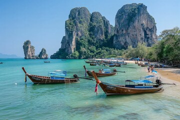 The picturesque sight of the jungle-covered cliffs and rocky beach in Phuket, Thailand with boats docked at a busy wharf against a clear blue sky background during a summer vacation travel concept - obrazy, fototapety, plakaty