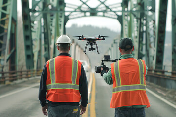 Engineers with remote controllers, drones inspecting bridges, utilizing advanced technology for infrastructure assessments and maintenance.
