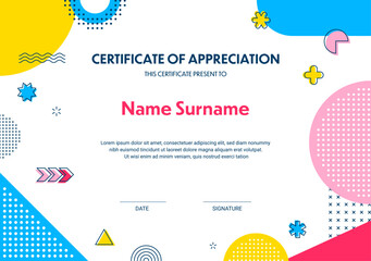 Certificate template with abstract geometric Memphis shapes, appreciation frame, modern background. Vector diploma with bold, vibrant shapes, patterns and bright colors for honor, success celebration