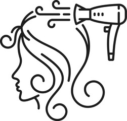 Blow dry hair icon, isolated vector hair care and treatment linear sign. Female head, hairdryer with airflow and wavy lines. Outline simple pictogram, symbolizing process of drying and styling hair