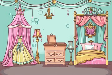 Cartoon cute doodles of a princess castle bedroom with a canopy bed, regal curtains, and a treasure chest full of dress-up costumes, Generative AI