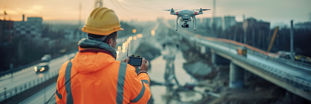 Engineers with remote controllers, drones inspecting bridges, utilizing advanced technology for infrastructure assessments and maintenance.