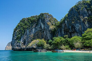 The picturesque sight of the jungle-covered cliffs and rocky beach in Phuket, Thailand with boats...