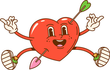 Cartoon groovy Valentine love heart character pierced by arrow of Cupid angel. Retro comic red heart vector personage with happy smiling face. Hippie psychedelic emoticon of romantic feelings