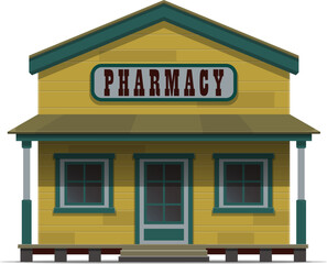 Western pharmacy building, wild west drug store. Isolated vector old american town country architecture, features a rustic, wooden structure with a large signboard or signage, windows, and wood door